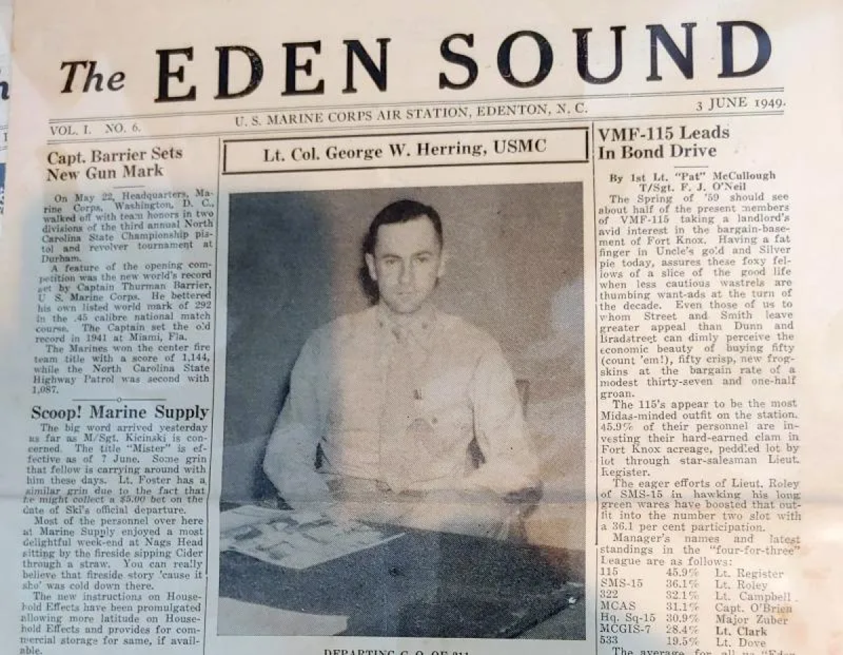 Photograph of a cover of an issue of The Eden Sound, the base newsletter of the U.S. Marine Corps Air Station Edenton, from June 3, 1949.