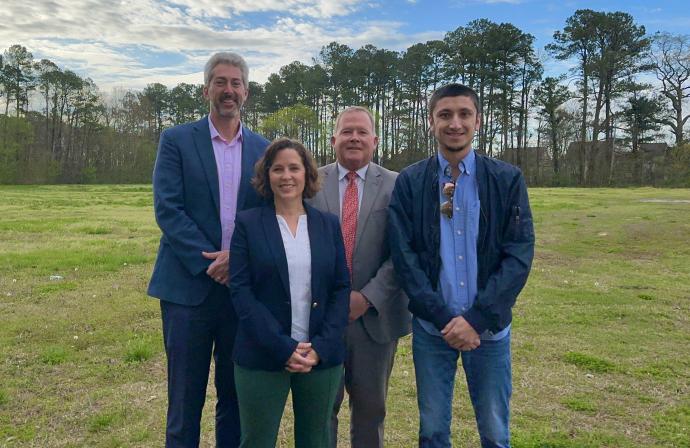 Dr. Michael Sasscer, Joy Harvill, Mayor Hackney High and Tyler Newman at the Coke Avenue property recently purchased by the Town of Edenton from the Edenton-Chowan Educational Foundation for $60,000 