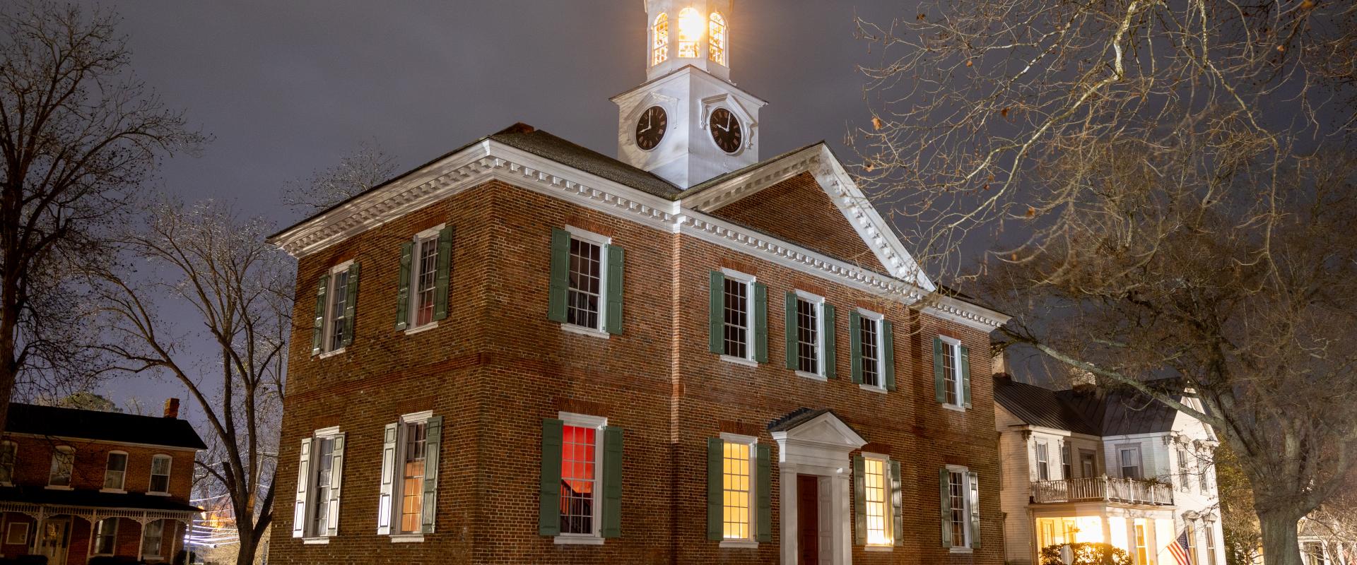 Historic 1767 Chowan County Courthouse by night 