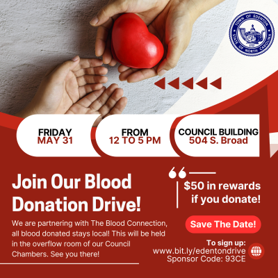 A flyer for a Town of Edenton blood drive on May 31