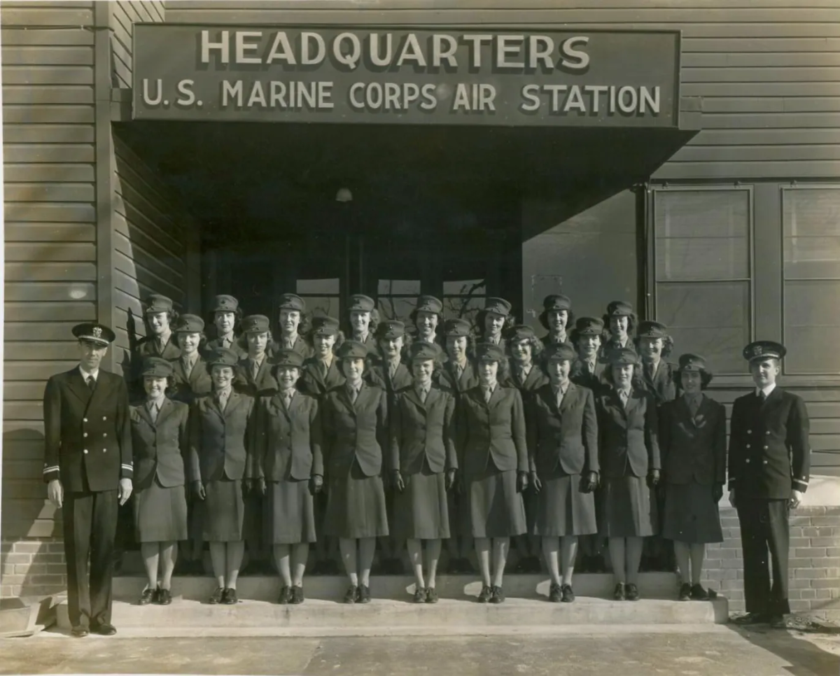 Group photograph of the graduation day for the U.S. Marine Corps Women’s Reserve Celestial Navigation Training Class at the U.S. Marine Corps Air Station Edenton (MCAS Edenton) in Edenton, NC, on March 15, 1944.