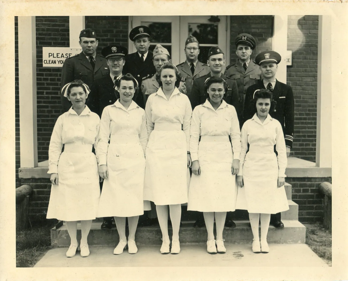 Group photograph of the doctors and nurses assigned to the Medical Department at the U.S. Naval Air Station Edenton, NC, in 1945.