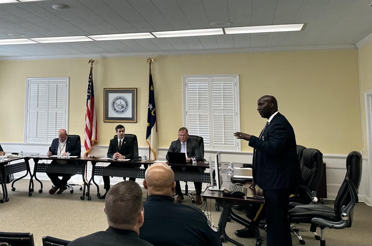 Edenton Police Chief Henry King speaks before a crowded room during a meeting between law enforcement officials and U.S. Attorney Michael Easley Jr, on Monday, January 8, 2024