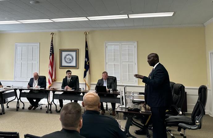 Edenton Police Chief Henry King speaks before a crowded room during a meeting between law enforcement officials and U.S. Attorney Michael Easley Jr, on Monday, January 8, 2024 